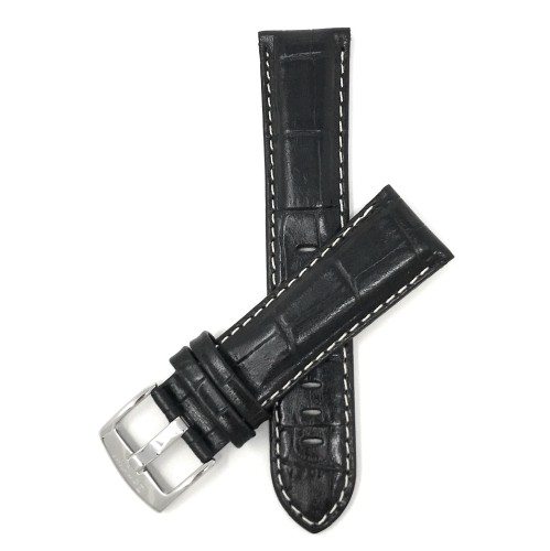 24mm bracelet de montre pour hommes en cuir véritable, noir, avec couture blanche, fini lustré, motif alligator