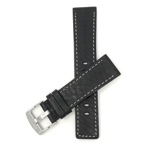 BANDINI  24MM Black Genuine Leather Watch Band Strap, Comes In Brown Or Tan, With Stitching In White
