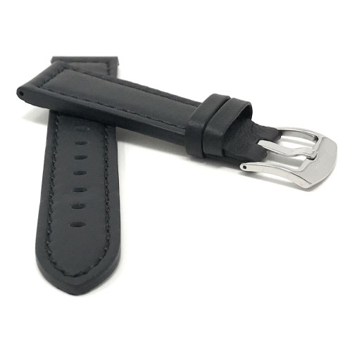 24mm Black Racer with Stitching, Genuine Leather Watch Strap Band, with Stainless Steel Buckle