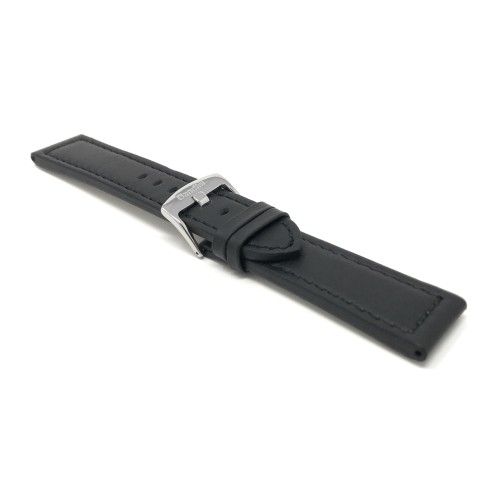 24mm Black Racer with Stitching, Genuine Leather Watch Strap Band, with Stainless Steel Buckle