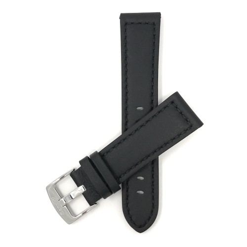 28mm Black Racer with Stitching, Genuine Leather Watch Strap Band, with Stainless Steel Buckle