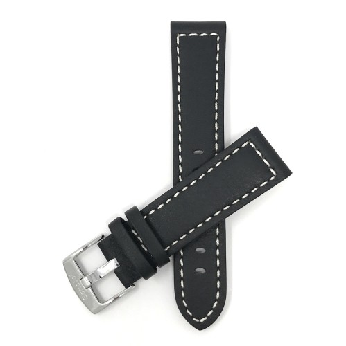 BANDINI  22MM Black Racer With Stitching, Genuine Leather Watch Strap Band, Stainless Steel Buckle In White