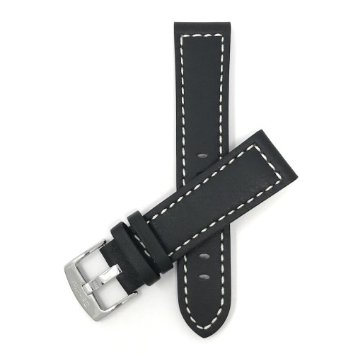 BANDINI  24MM Black Racer Stitching, Genuine Leather Watch Strap Band, Stainless Steel Buckle In White