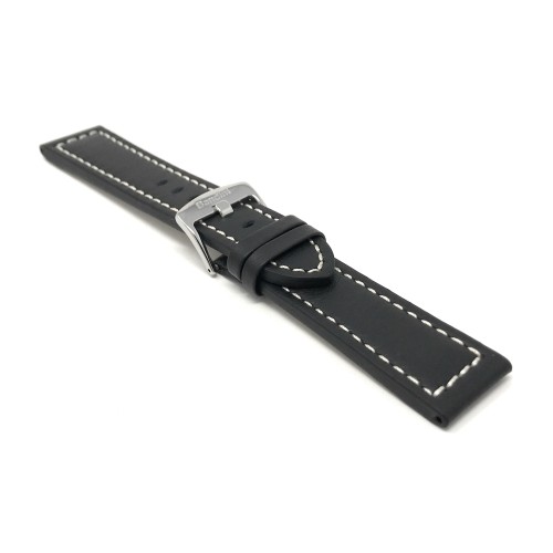 26mm Black Racer White Stitching, Genuine Leather Watch Strap Band, Stainless Steel Buckle