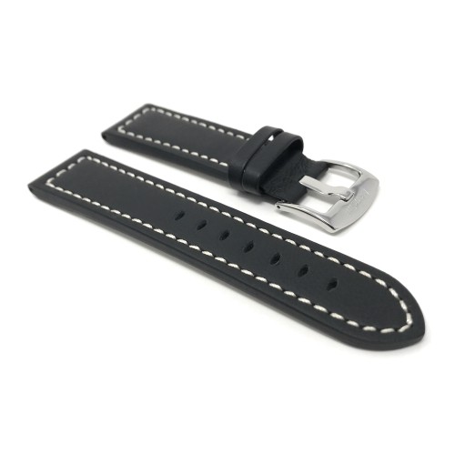28mm Black Racer White Stitching, Genuine Leather Watch Strap Band, Stainless Steel Buckle