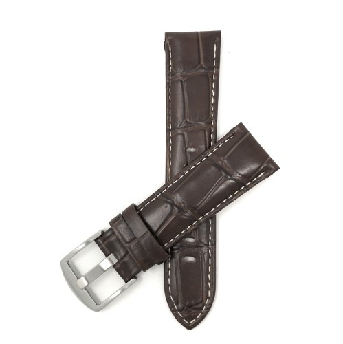 24mm Mens', Brown Crocodile Style, Genuine Leather Watch Band Strap, Also Comes in Black and Tan, White Stitching