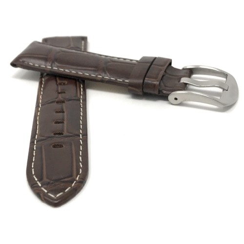 24mm Mens', Brown Crocodile Style, Genuine Leather Watch Band Strap, Also Comes in Black and Tan, White Stitching