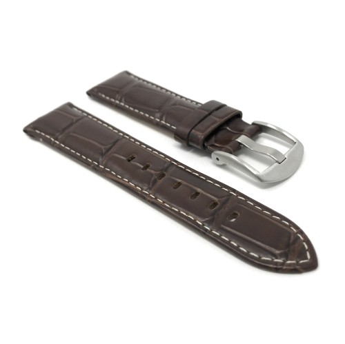 24mm Mens', Brown Crocodile Style, Genuine Leather Watch Band Strap, Also Comes in Black and Tan, White Stitching