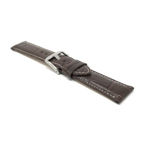 24mm Mens', Brown Crocodile Style, Genuine Leather Watch Band Strap, Also Comes in Black and Tan, White Stitching
