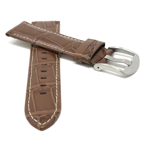 24mm bracelet de montre pour hommes en cuir véritable, brun-roux, couture blanche, motif crocodile