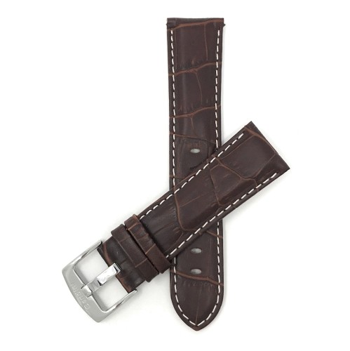 BANDINI  18MM Brown Mens' Alligator Style Genuine Leather Watch Strap Band, With Stitching In White