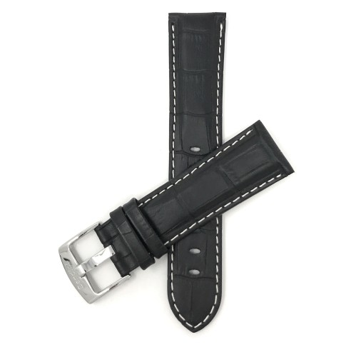 BANDINI  18MM Black Mens' Alligator Style Genuine Leather Watch Strap Band, With Stitching In White