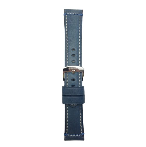 24mm Genuine Italian Leather Watch Strap Band, Blue, Double Stitching, Stainless Steal Buckle
