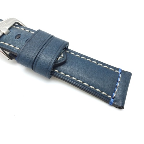 24mm Genuine Italian Leather Watch Strap Band, Blue, Double Stitching, Stainless Steal Buckle