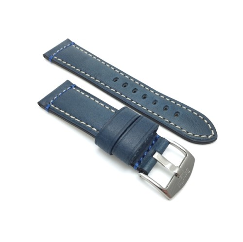 24mm Genuine Italian Leather Watch Strap Band, Blue, Double Stitching, Stainless Steal Buckle