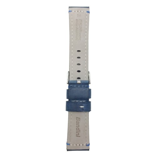 24mm Genuine Italian Leather Watch Strap Band, Blue, Double Stitching, Stainless Steal Buckle