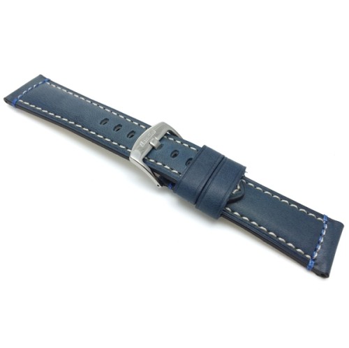 24mm Genuine Italian Leather Watch Strap Band, Blue, Double Stitching, Stainless Steal Buckle