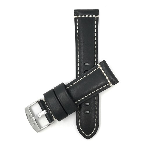 24mm Genuine Italian Leather Watch Strap Band, Black, Double Stitching, Stainless Steal Buckle