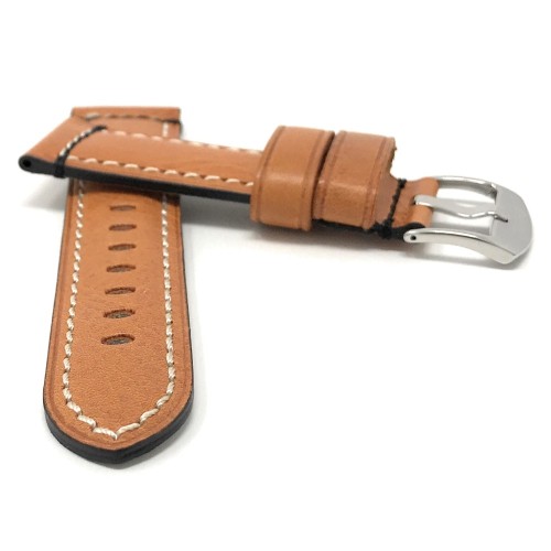 24mm Genuine Italian Leather Watch Strap Band, Tan, Double Stitching, Stainless Steal Buckle