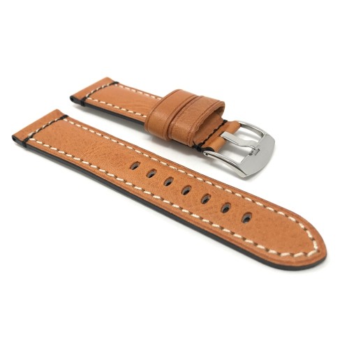 24mm Genuine Italian Leather Watch Strap Band, Tan, Double Stitching, Stainless Steal Buckle