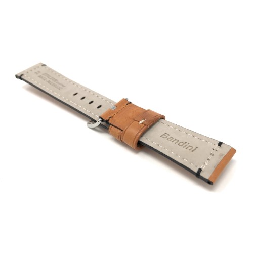 24mm Genuine Italian Leather Watch Strap Band, Tan, Double Stitching, Stainless Steal Buckle