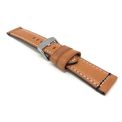 24mm Genuine Italian Leather Watch Strap Band, Tan, Double Stitching, Stainless Steal Buckle