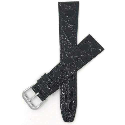 Extra Long 16mm Bracelet de montre en cuir véritable, noir, motif crocodile