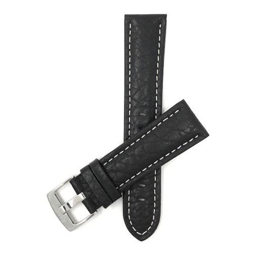 BANDINI  Extra Long (Xl) 18MM Black Classic Genuine Leather Buffalo Pattern Watch Strap Band, With Stitching In White