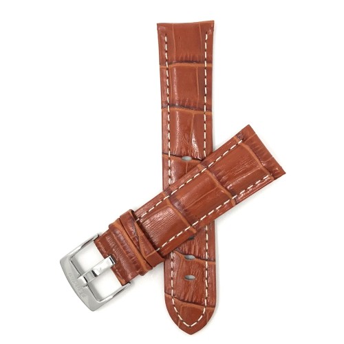 Extra Long 24mm bracelet de montre en cuir véritable, brun-roux, avec couture blanche, fini lustré, motif alligator