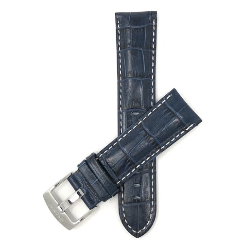 BANDINI  Extra Long (Xl), 28MM Royal Mens' Alligator Style Genuine Leather Watch Band Strap, With White Stitching In Blue