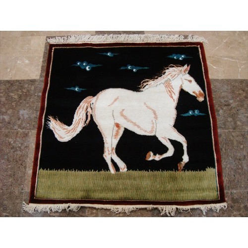 AHMEDANI  Exclusive Horse Oriental Square Rug Hand Knotted Wool Silk Carpet (3 X 3)' In White