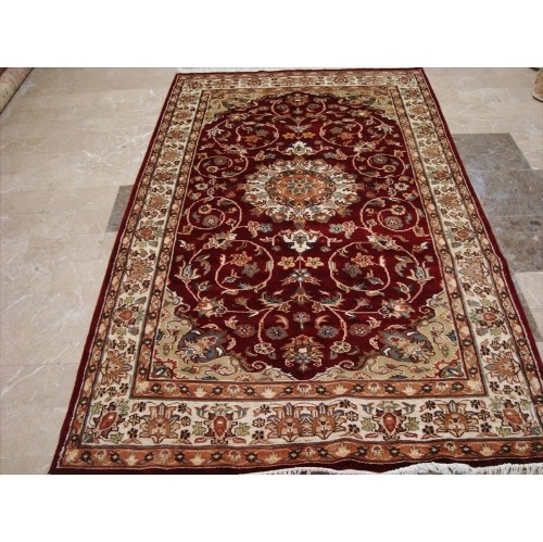 AHMEDANI  Love Exotic Floral Medallion Hand Knotted Rug Wool Silk Carpet 7.8' X 4.9' Area Rug - Ruby In Red
