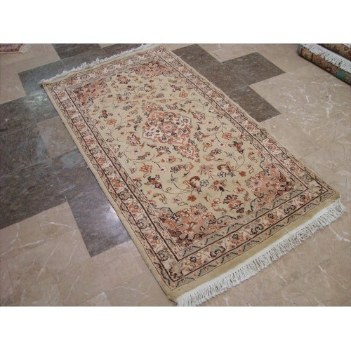 Ahmedani Wow Floral Medallion Hand Knotted Wool Silk Carpet 5.3' x 3.0' Area Rug - Cream