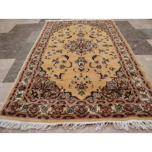 Ahmedani Gorgeous Floral Medallion Hand Knotted Wool Silk Carpet 5.1' x 2.11' Area Rug - Cream