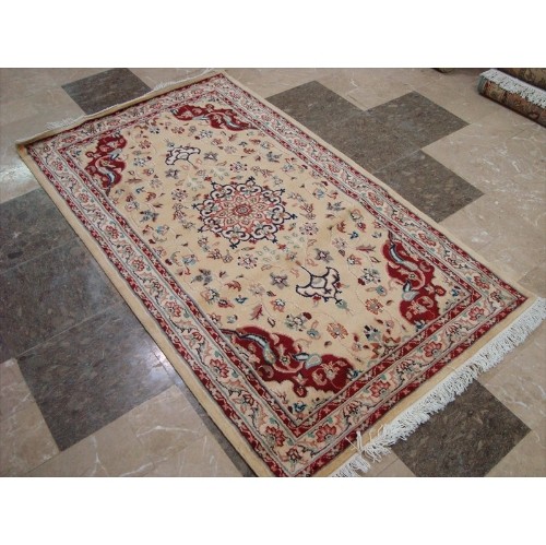 Ahmedani Floral Medallion Hand Knotted Wool Silk Carpet 5.3' x 3.1' Area Rug - Cream