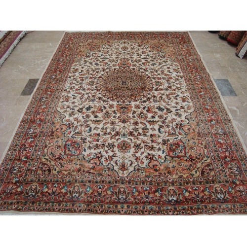AHMEDANI  Exclusive Moon Medallion Floral Oriental Hand Knotted Wool Silk Carpet 9.2' X 6.1' Area Rug - Multi-Colour