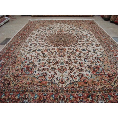 Ahmedani Exclusive Moon Medallion Floral Oriental Hand Knotted Wool Silk Carpet 9.2' x 6.1' Area Rug - Multi-Colour