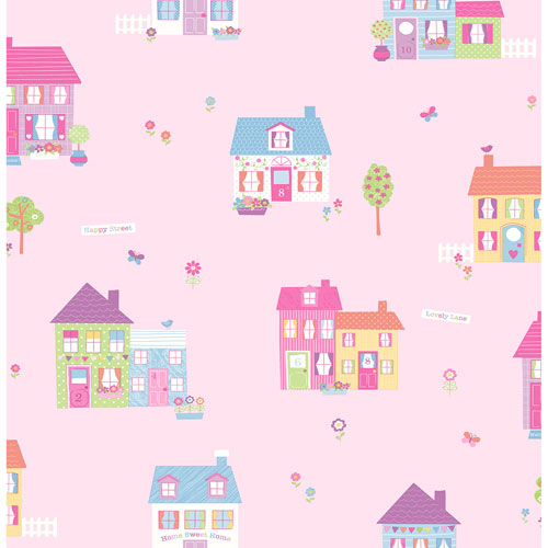 Brewster You Are My Sunshine Houses Happy Street Wallpaper - Pink