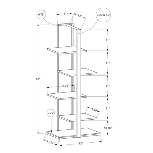 BOOKCASE - 60"H / WHITE / SILVER METAL