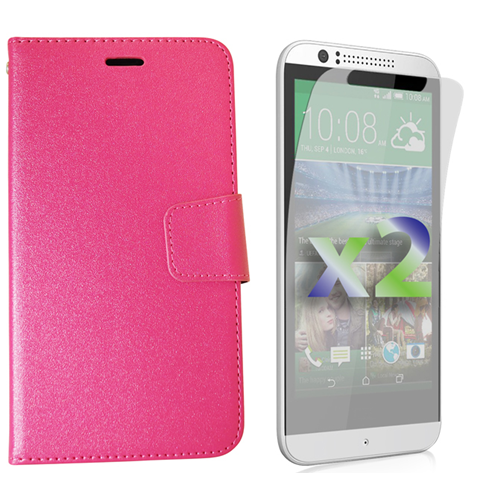 Protecteur d'écran d'Exian pour Desire 510 X 2 de HTC et portefeuille en cuir de polyuréthane rose vif