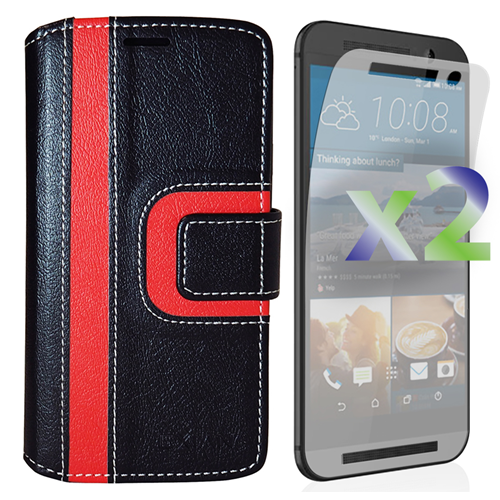 Exian HTC One M9 PU Leather Wallet Exian Design Stripe Pattern Black/Red