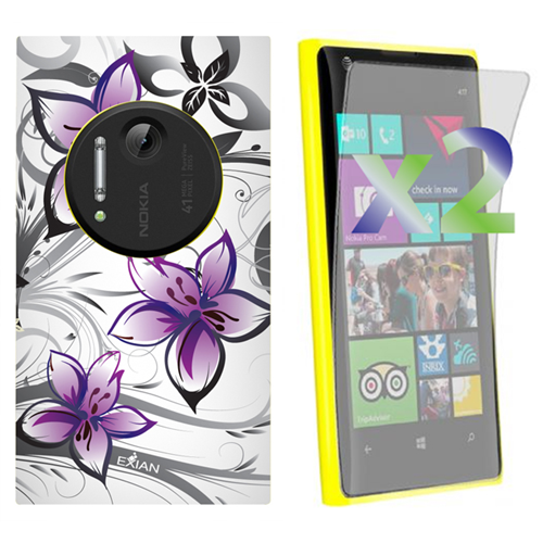 Exian Nokia Lumia 1020 Screen Protectors X 2 and TPU Case Exian Design Purple Floral on White