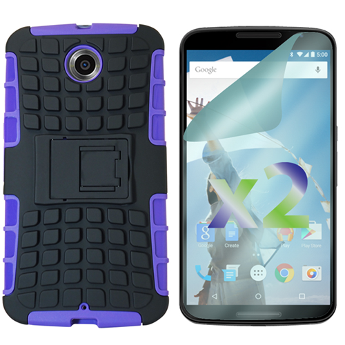 Exian LG Google Nexus 6 Screen Protectors X 2 and TPU+Hard Plastic Armored Case with Stand Purple