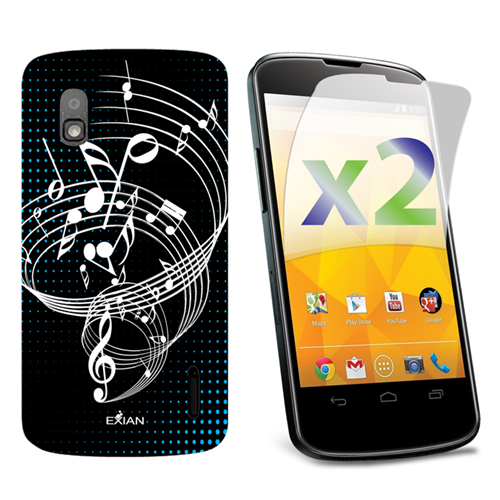 Exian Google LG Nexus 4 Screen Protectors X 2 and TPU Case Exian Design Musical Notes Black