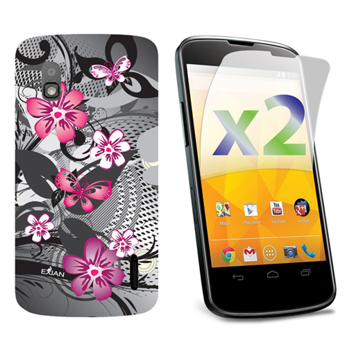 Exian Google LG Nexus 4 Screen Protectors X 2 and TPU Case Exian Design Flower & Butterfly Pink/Black