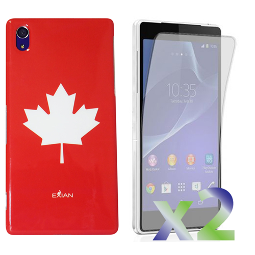 Protecteurs d’écran X 2 d’Exian pour Xperia Z2 de Sony et étui en TPUR d’Exian motif Mapleleaf rouge