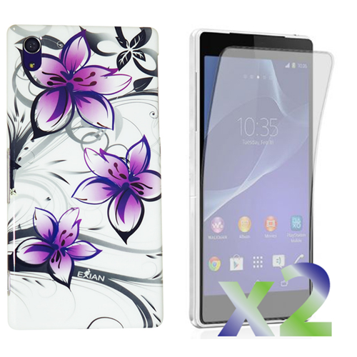 Exian Sony Xperia Z2 Screen Protectors X 2 and TPU Case Exian Design Purple Floral