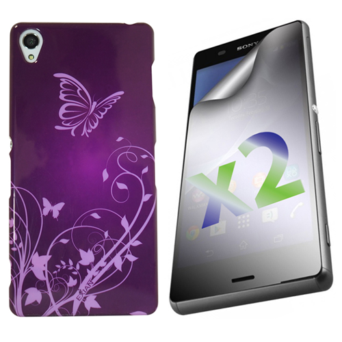 Protecteurs d’écran X 2 d’Exian pour Xperia Z3 de Sony et étui en TPUR d’Exian motif fleur et papillon violet