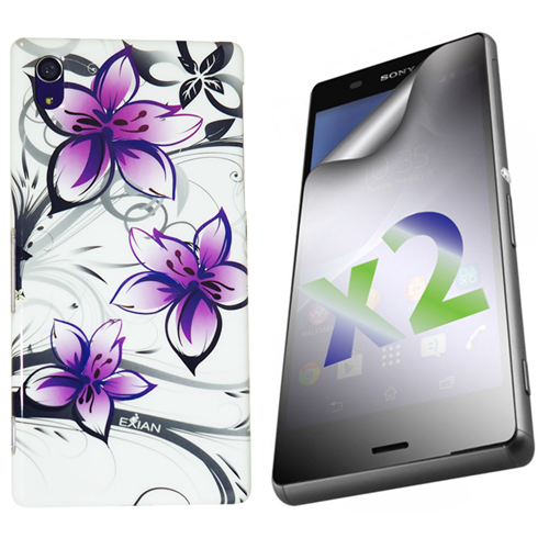 Exian Sony Xperia Z3 Screen Protectors X 2 and TPU Case Exian Design TPU Purple Floral