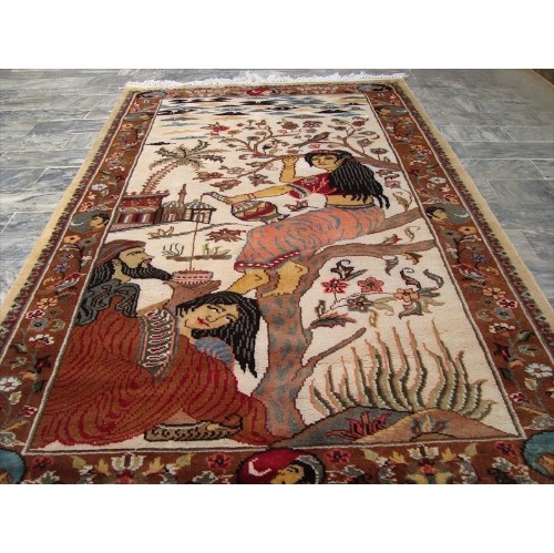Ahmedani Love Umre Khayam King Queen Love Story Hand Knotted Wall Rug Wool Silk Carpet 4.11' x 3.1' Area Rug - Ivory